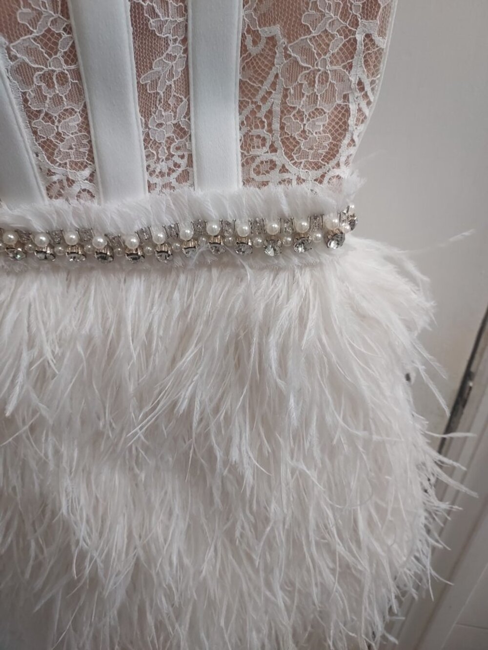 Alice Olivia Xia Wedding Bridal White Sheer Bustier Feather Mini Dress - Picture 5 of 15